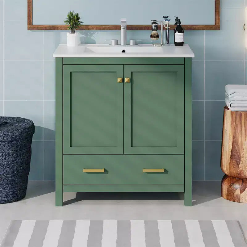 Mobile bagno da 30 pollici con lavabo in ceramica, struttura in legno massello, mobiletto sottolavabo moderno con ante e cassetti a chiusura ammortizzata