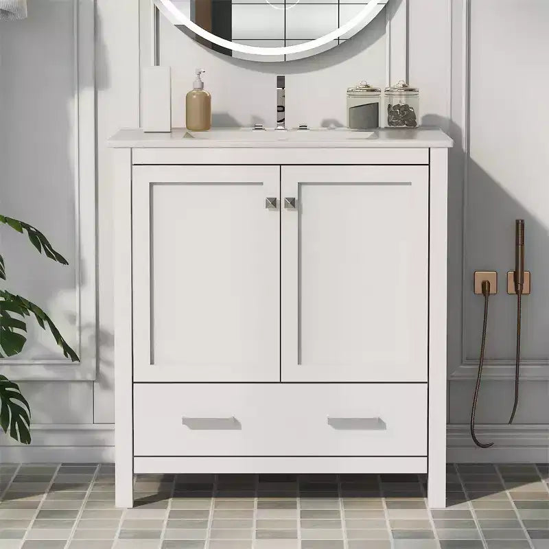 Mobile bagno da 30 pollici con lavabo in ceramica, struttura in legno massello, mobiletto sottolavabo moderno con ante e cassetti a chiusura ammortizzata