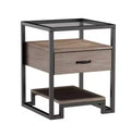 2-Piece High Side Table Set - Light Brown Wood Grain, Tempered Glass, Steel & Melamine Board Suitable for Living Room