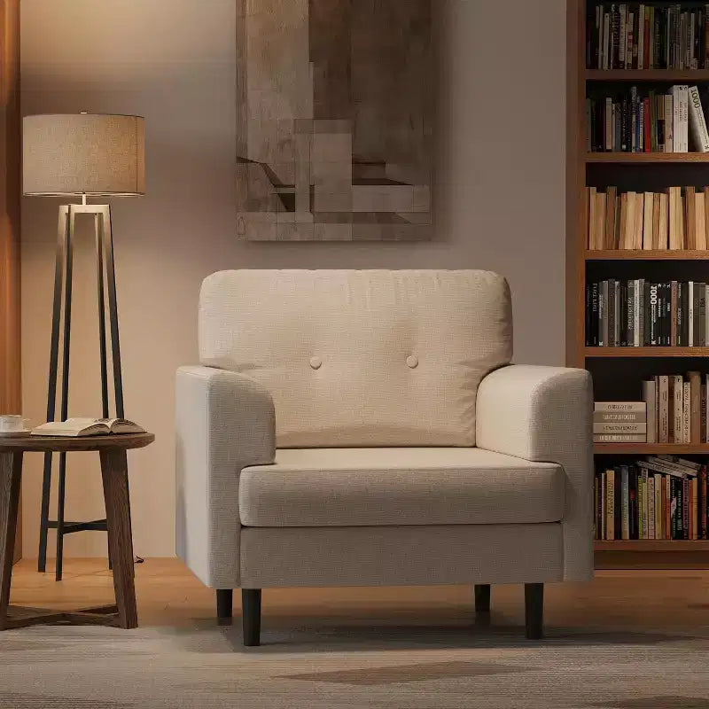Poltrona d'accento COZONY imbottita in lino, poltrona da lettura in schiuma ad alta densità per soggiorno, camera da letto, ufficio