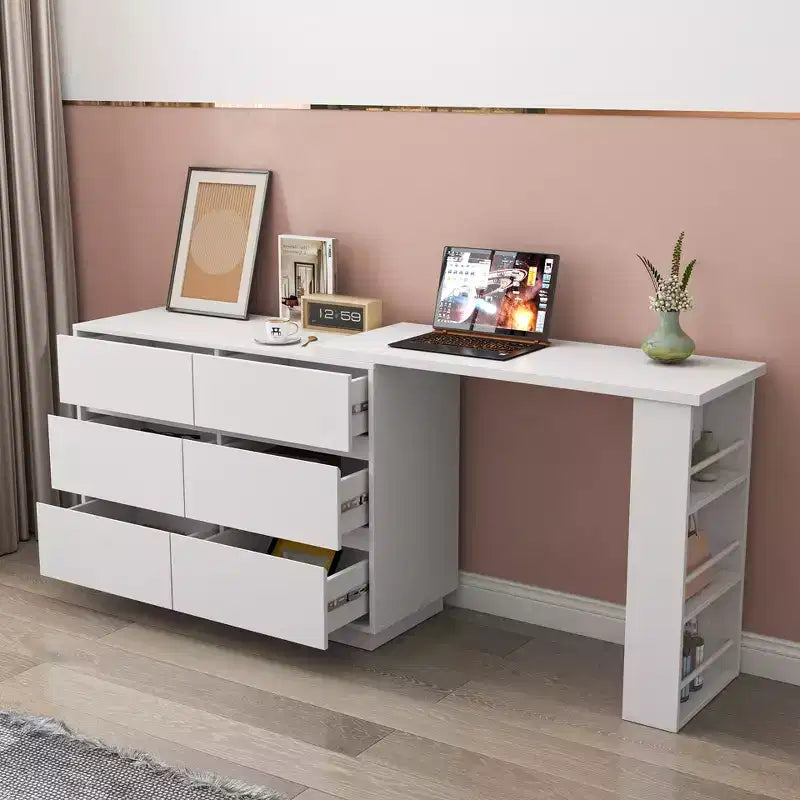 Scrivania a L allungabile e set toeletta JVNOXK con 6 cassetti per ampio spazio di archiviazione, ideale per l'ufficio e le routine di trucco in camera da letto, bianco