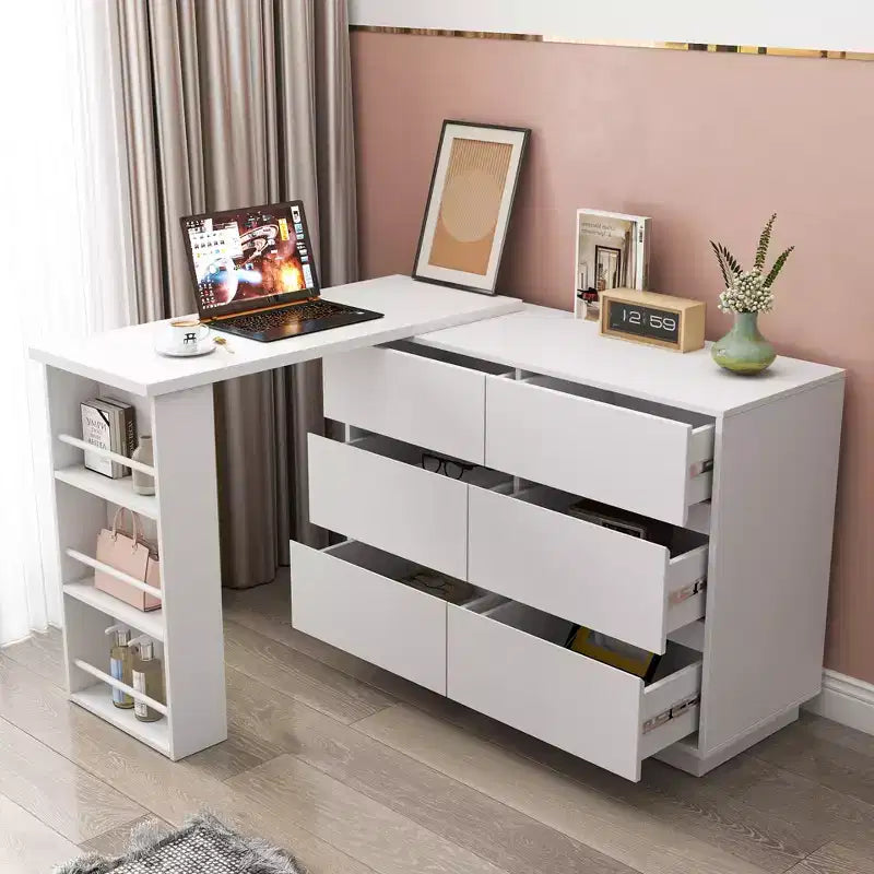 Scrivania a L allungabile e set toeletta JVNOXK con 6 cassetti per ampio spazio di archiviazione, ideale per l'ufficio e le routine di trucco in camera da letto, bianco