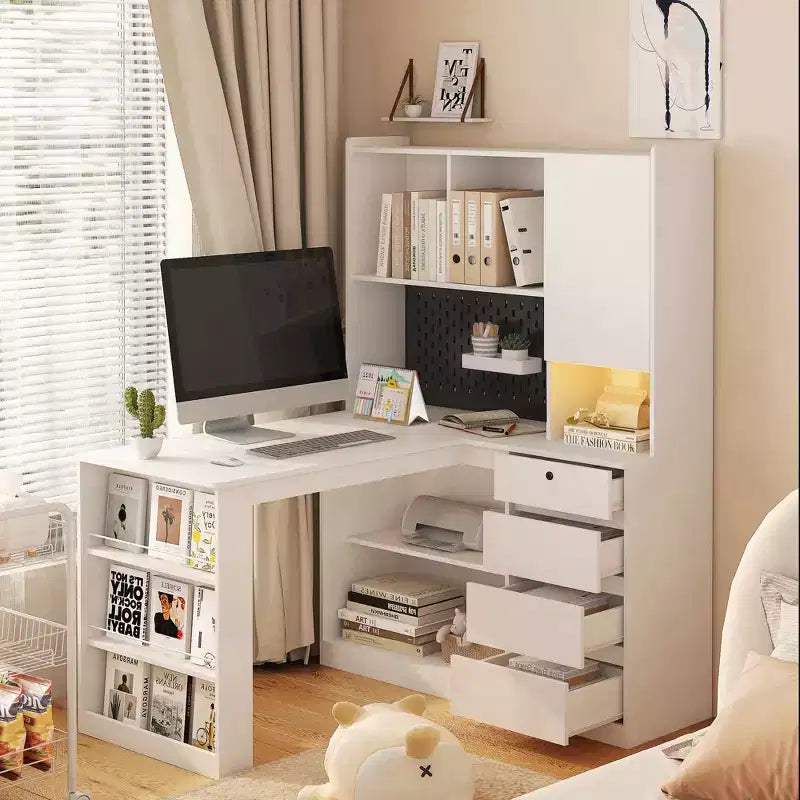 JVNOXK Scrivania Angolare a L Multifunzione con Ripiani e Cassetti, Scrivania per Computer con Scaffalature e Illuminazione a LED, Scrivania per Ufficio Domestico - Bianca