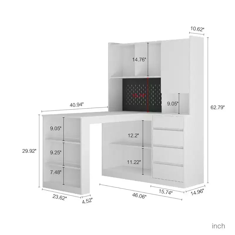 JVNOXK Scrivania Angolare a L Multifunzione con Ripiani e Cassetti, Scrivania per Computer con Scaffalature e Illuminazione a LED, Scrivania per Ufficio Domestico - Bianca