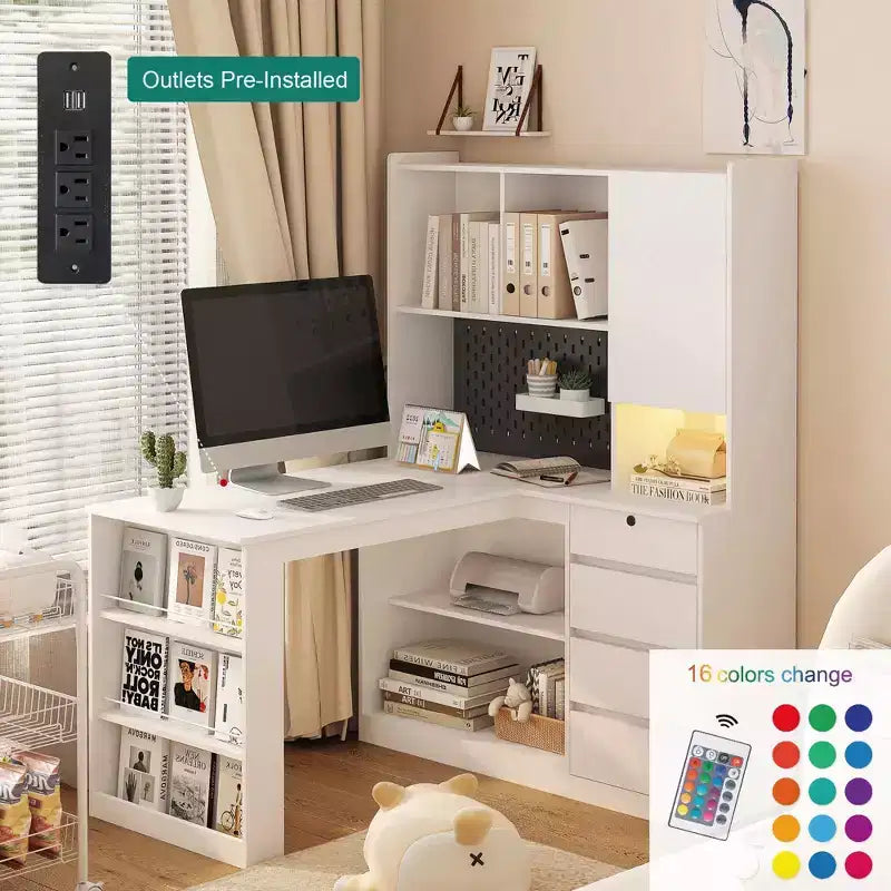 JVNOXK Scrivania Angolare a L Multifunzione con Ripiani e Cassetti, Scrivania per Computer con Scaffalature e Illuminazione a LED, Scrivania per Ufficio Domestico - Bianca