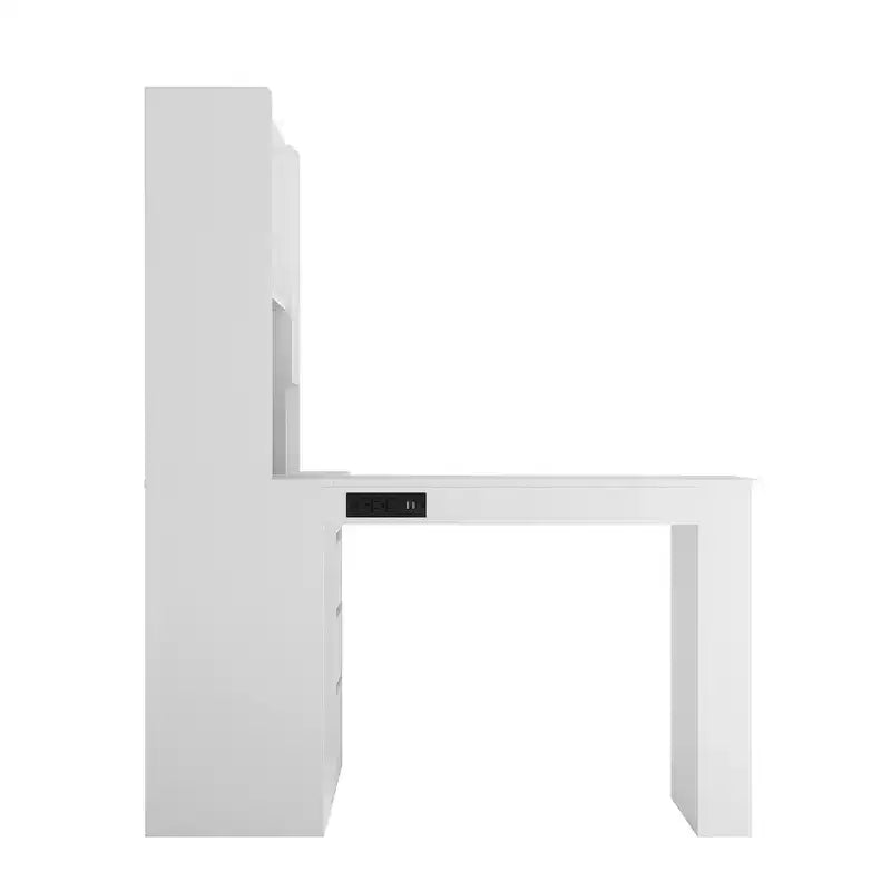 JVNOXK Scrivania Angolare a L Multifunzione con Ripiani e Cassetti, Scrivania per Computer con Scaffalature e Illuminazione a LED, Scrivania per Ufficio Domestico - Bianca