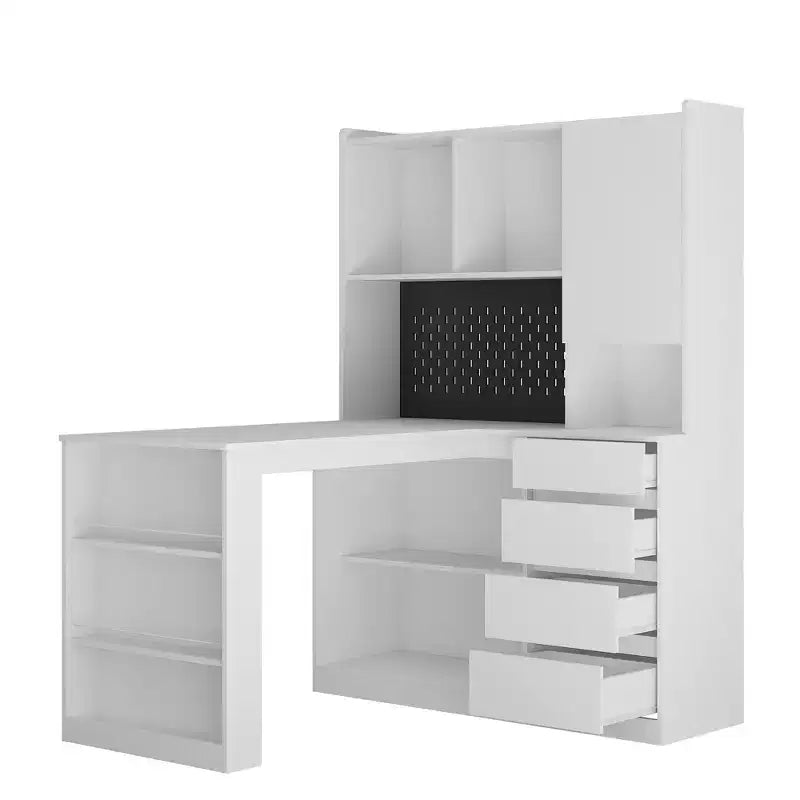 JVNOXK Scrivania Angolare a L Multifunzione con Ripiani e Cassetti, Scrivania per Computer con Scaffalature e Illuminazione a LED, Scrivania per Ufficio Domestico - Bianca