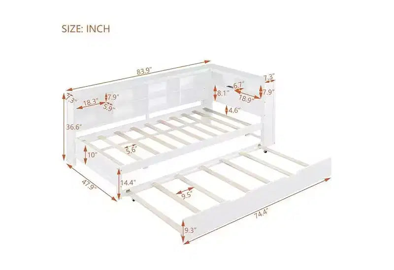 Letti gemelli/matrimoniali con ripiano contenitore, struttura per divano letto in legno con porte USB per ricarica wireless, capacità di carico di 113 kg
