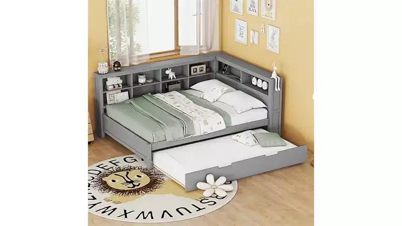 Letti gemelli/matrimoniali con ripiano contenitore, struttura per divano letto in legno con porte USB per ricarica wireless, capacità di carico di 113 kg