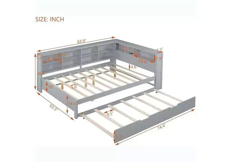 Letti gemelli/matrimoniali con ripiano contenitore, struttura per divano letto in legno con porte USB per ricarica wireless, capacità di carico di 113 kg