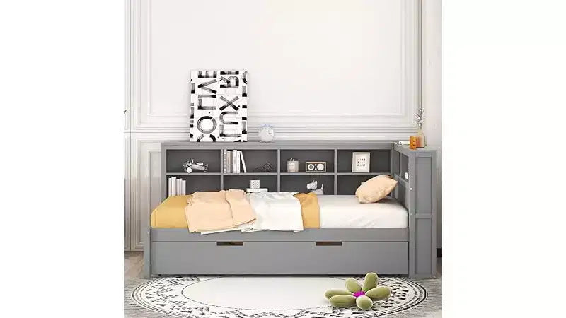 Letti gemelli/matrimoniali con ripiano contenitore, struttura per divano letto in legno con porte USB per ricarica wireless, capacità di carico di 113 kg
