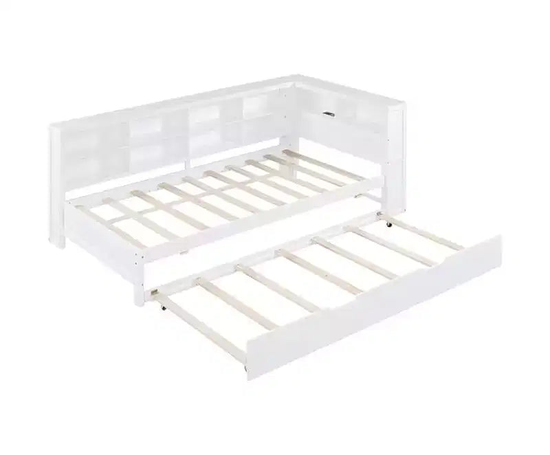 Letti gemelli/matrimoniali con ripiano contenitore, struttura per divano letto in legno con porte USB per ricarica wireless, capacità di carico di 113 kg