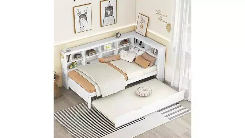 Letti gemelli/matrimoniali con ripiano contenitore, struttura per divano letto in legno con porte USB per ricarica wireless, capacità di carico di 113 kg