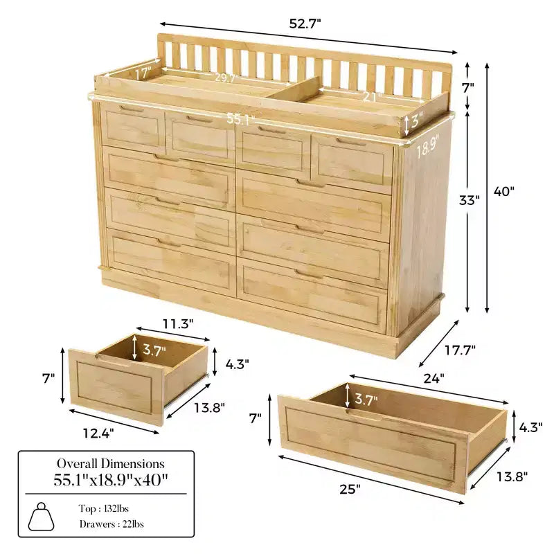 Homsee Fasciatoio e Comò in Legno Massello di Pino: Stazione Removibile, Cassetti Contenitori, Essenziale Tutto-in-Uno per la Cameretta dei Bambini