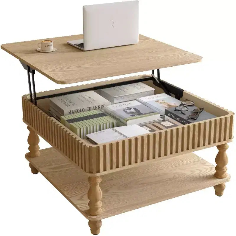 31,5 Tavolino da caffè moderno con piano sollevabile e contenitore, Tavolino da caffè quadrato retrò con gambe in legno massello, Elegante tavolino per soggiorno - Panipeachy