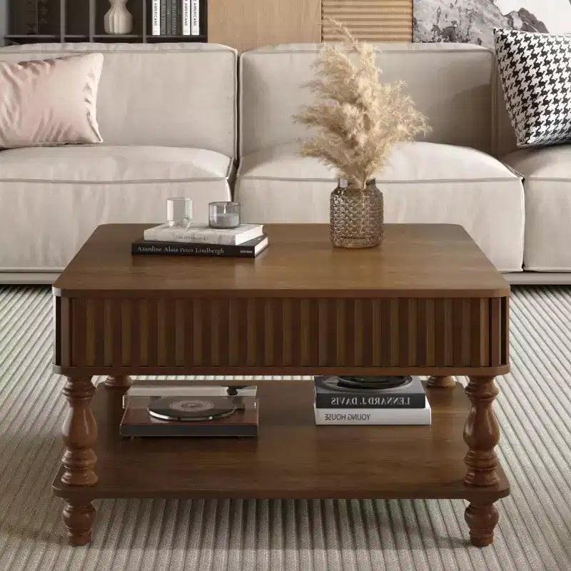 31,5 Tavolino da caffè moderno con piano sollevabile e contenitore, Tavolino da caffè quadrato retrò con gambe in legno massello, Elegante tavolino per soggiorno - Panipeachy