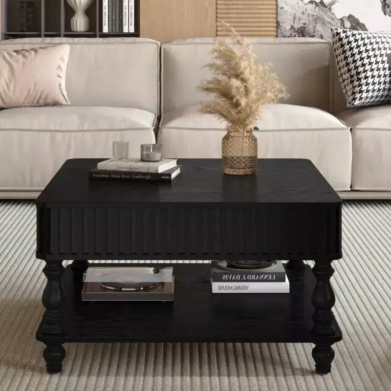 31,5 Tavolino da caffè moderno con piano sollevabile e contenitore, Tavolino da caffè quadrato retrò con gambe in legno massello, Elegante tavolino per soggiorno - Panipeachy