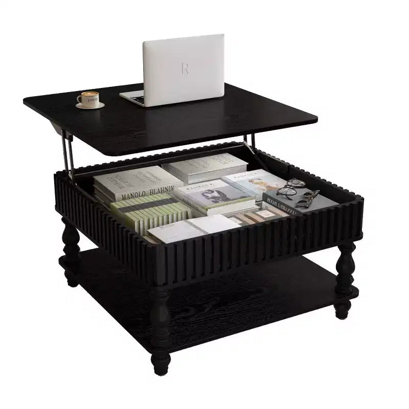 31,5 Tavolino da caffè moderno con piano sollevabile e contenitore, Tavolino da caffè quadrato retrò con gambe in legno massello, Elegante tavolino per soggiorno - Panipeachy