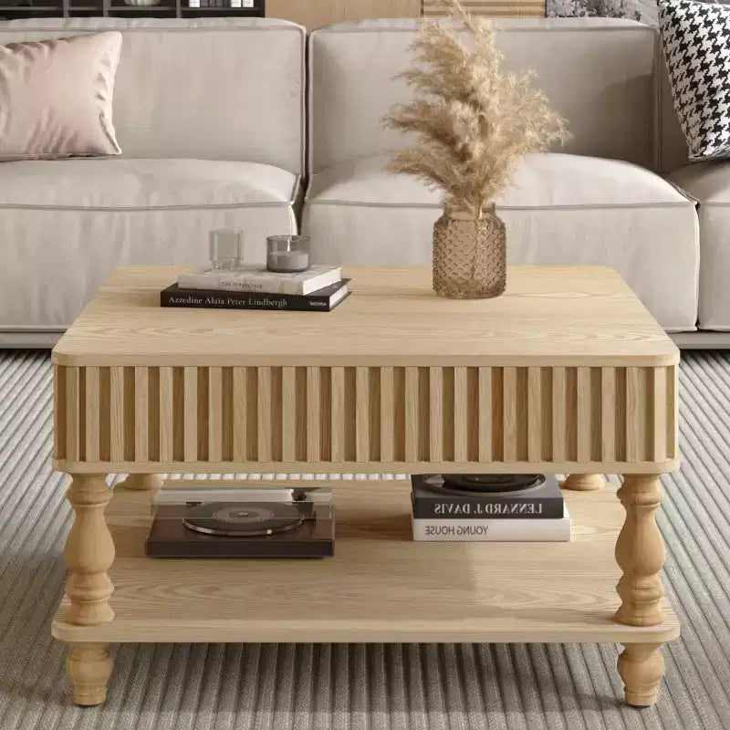 31,5 Tavolino da caffè moderno con piano sollevabile e contenitore, Tavolino da caffè quadrato retrò con gambe in legno massello, Elegante tavolino per soggiorno - Panipeachy