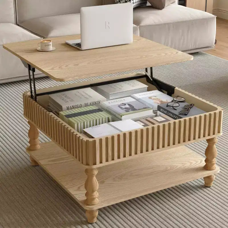 31,5 Tavolino da caffè moderno con piano sollevabile e contenitore, Tavolino da caffè quadrato retrò con gambe in legno massello, Elegante tavolino per soggiorno - Panipeachy