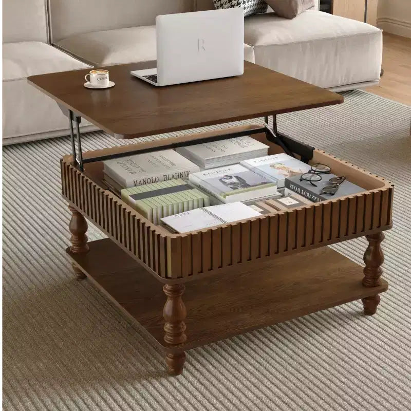 31,5 Tavolino da caffè moderno con piano sollevabile e contenitore, Tavolino da caffè quadrato retrò con gambe in legno massello, Elegante tavolino per soggiorno - Panipeachy