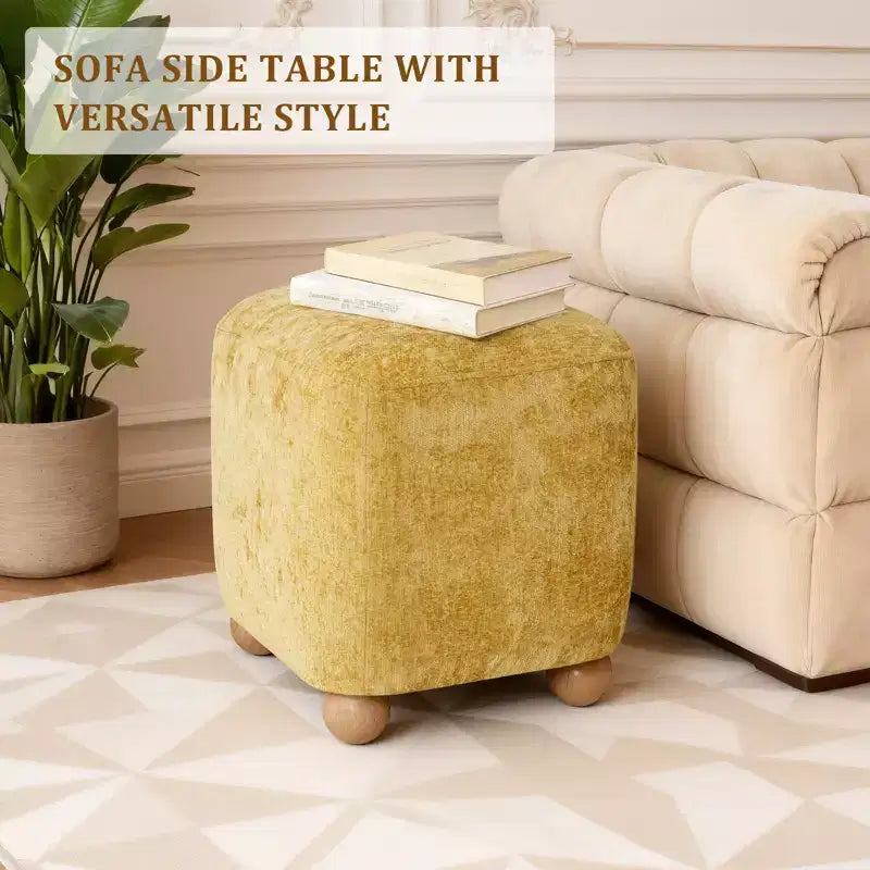 Pouf quadrato Bekrvio con struttura in legno massello di acacia, poggiapiedi cubo rivestito in ciniglia (500 libbre), pouf piccolo per soggiorno e camera da letto