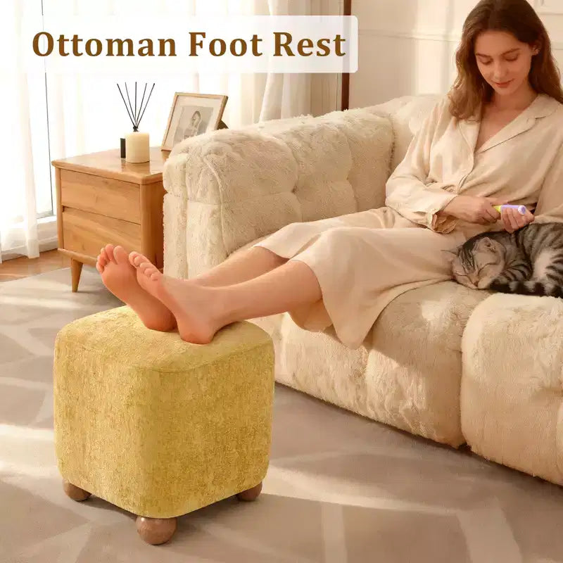 Pouf quadrato Bekrvio con struttura in legno massello di acacia, poggiapiedi cubo rivestito in ciniglia (500 libbre), pouf piccolo per soggiorno e camera da letto