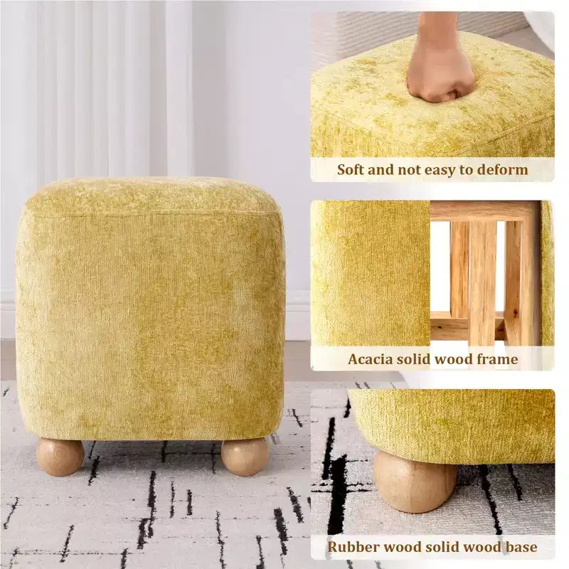 Pouf quadrato Bekrvio con struttura in legno massello di acacia, poggiapiedi cubo rivestito in ciniglia (500 libbre), pouf piccolo per soggiorno e camera da letto