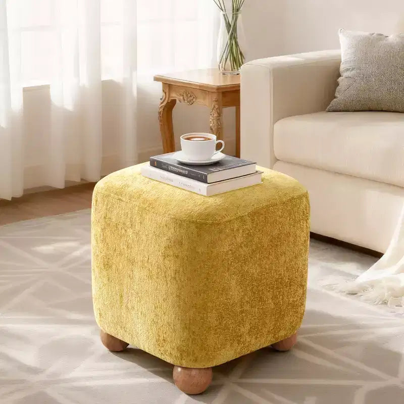 Pouf quadrato Bekrvio con struttura in legno massello di acacia, poggiapiedi cubo rivestito in ciniglia (500 libbre), pouf piccolo per soggiorno e camera da letto