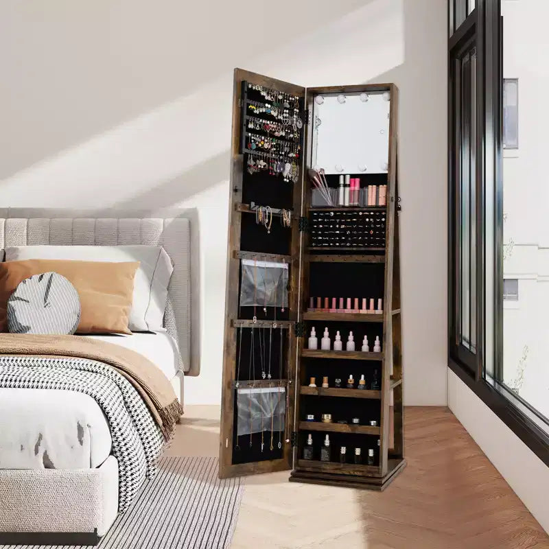 Costway Portagioie Girevole a 360 Gradi con Specchio a Figura Intera Ripiani Posteriori e Luci per Camera da Letto
