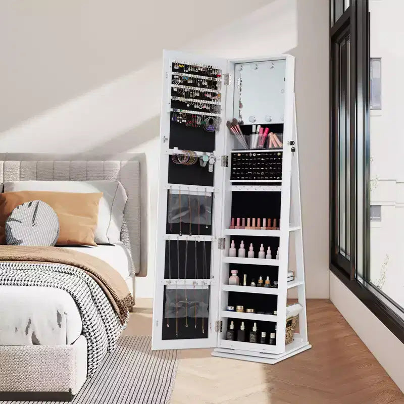 Costway Portagioie Girevole a 360 Gradi con Specchio a Figura Intera Ripiani Posteriori e Luci per Camera da Letto