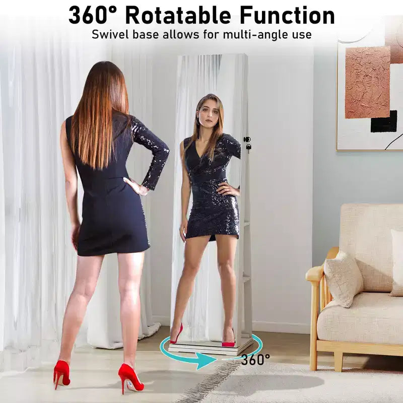 Costway Portagioie Girevole a 360 Gradi con Specchio a Figura Intera Ripiani Posteriori e Luci per Camera da Letto