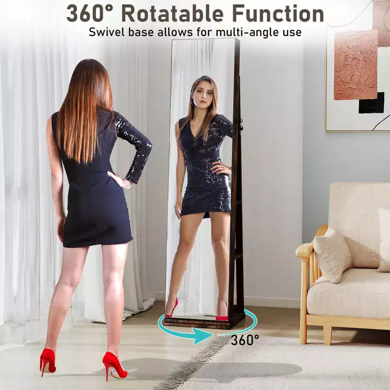 Costway Portagioie Girevole a 360 Gradi con Specchio a Figura Intera Ripiani Posteriori e Luci per Camera da Letto