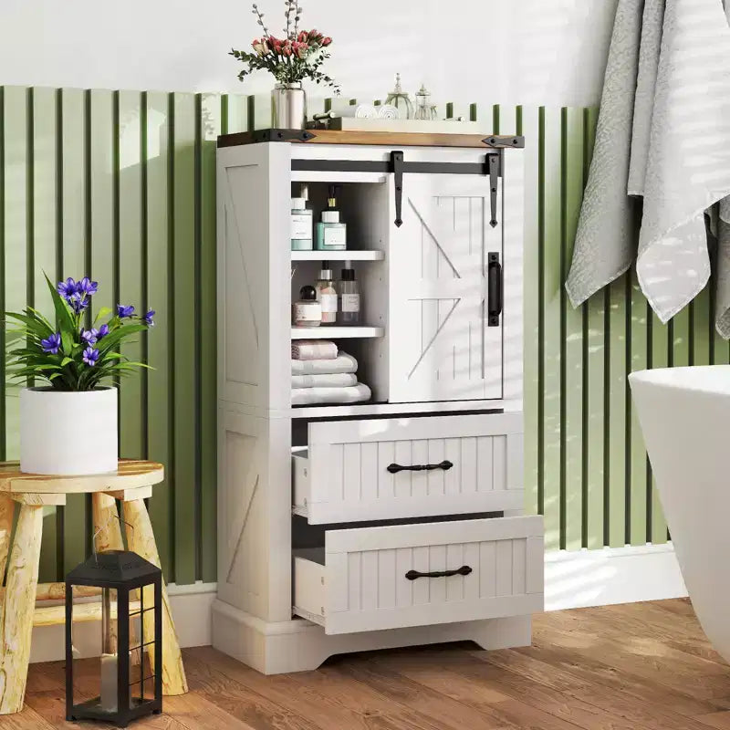 Mobiletto da Bagno a Terra Stile Fattoria Costway con Anta Scorrevole, Ripiani Regolabili e 2 Cassetti