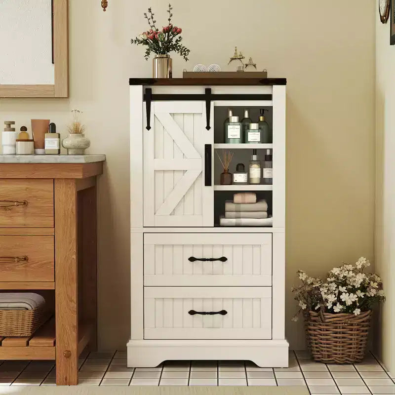 Mobiletto da Bagno a Terra Stile Fattoria Costway con Anta Scorrevole, Ripiani Regolabili e 2 Cassetti