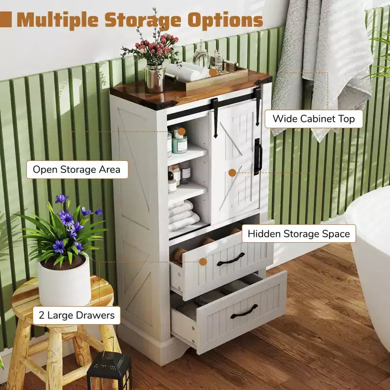 Mobiletto da Bagno a Terra Stile Fattoria Costway con Anta Scorrevole, Ripiani Regolabili e 2 Cassetti