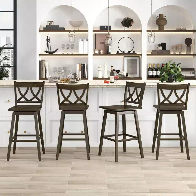 Costway Set di 4 Sgabelli da Bar da 29 Pollici con Struttura in Legno di Caucciù, Sedile Girevole e Schienale Ergonomico