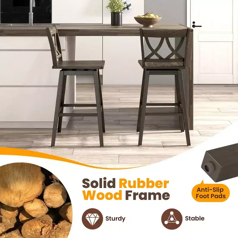 Costway Set di 4 Sgabelli da Bar da 29 Pollici con Struttura in Legno di Caucciù, Sedile Girevole e Schienale Ergonomico