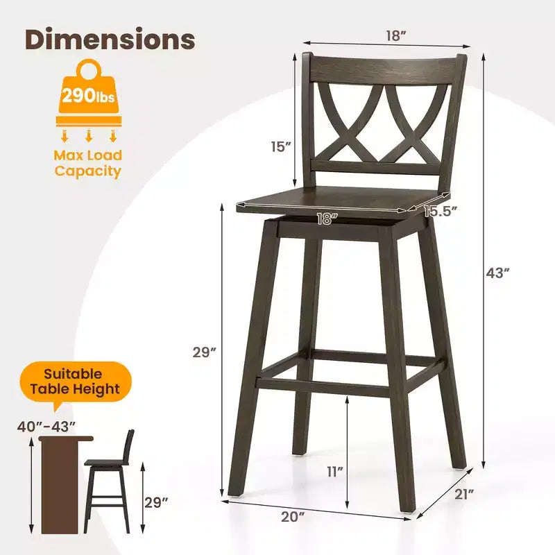Costway Set di 4 Sgabelli da Bar da 29 Pollici con Struttura in Legno di Caucciù, Sedile Girevole e Schienale Ergonomico
