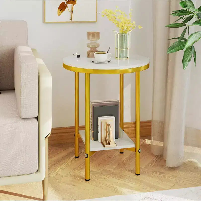 Costway Set di 2 Tavolini Rotondi a 2 Piani da 40 cm, con Ripiano Portaoggetti, Effetto Marmo
