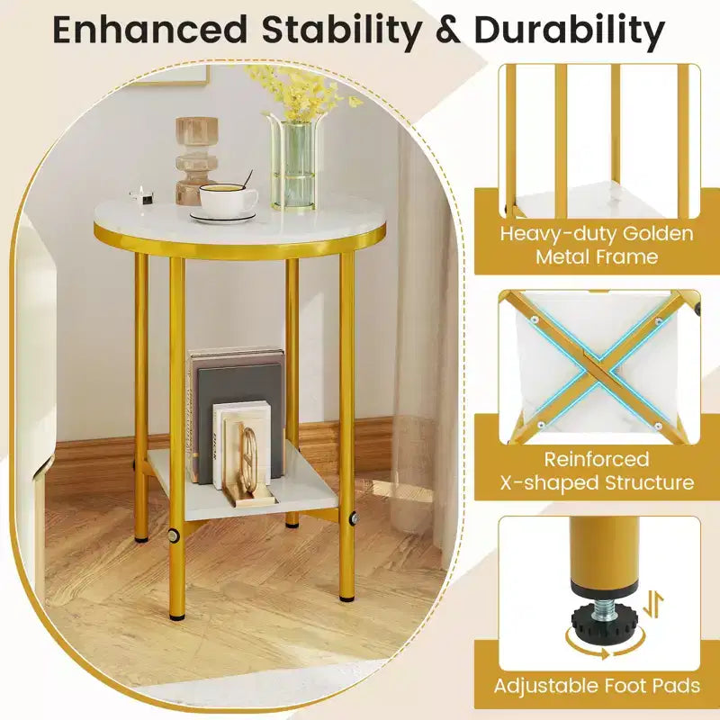 Costway Set di 2 Tavolini Rotondi a 2 Piani da 40 cm, con Ripiano Portaoggetti, Effetto Marmo