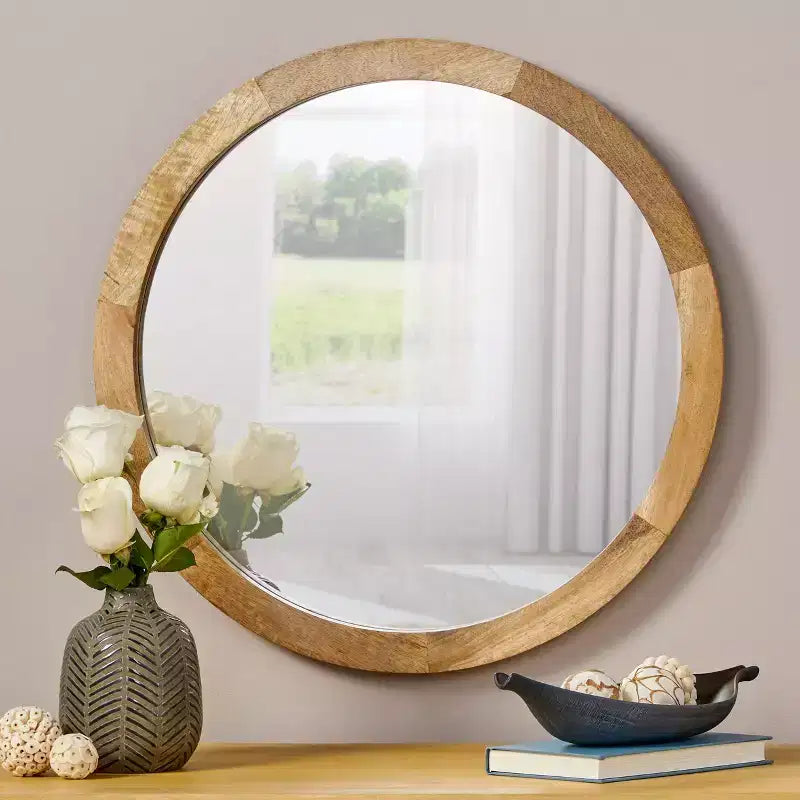 Specchio da parete rotondo in legno di mango lavorato a mano Christopher Knight Home Cheval Modern
