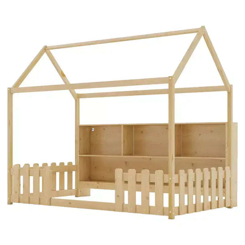 TUYOHW Letto a pavimento singolo per bambini con luce LED, moderno letto Montessori in metallo con libreria portaoggetti e spondine per cameretta