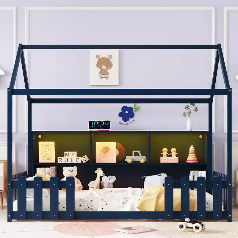 TUYOHW Letto a pavimento singolo per bambini con luce LED, moderno letto Montessori in metallo con libreria portaoggetti e spondine per cameretta
