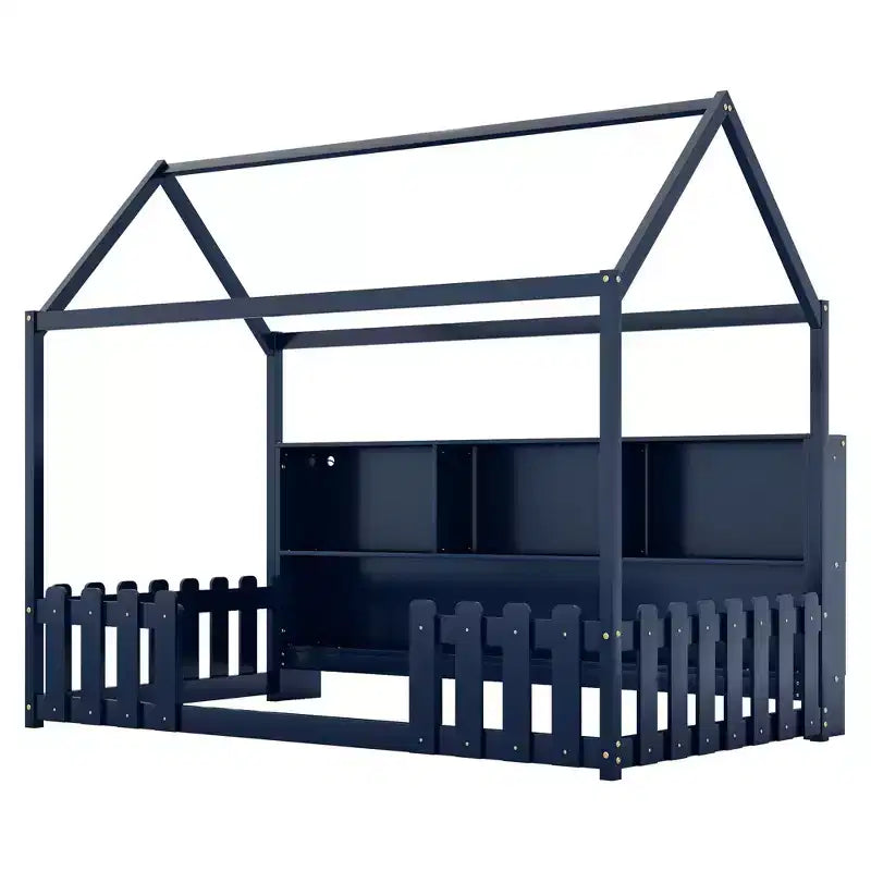 TUYOHW Letto a pavimento singolo per bambini con luce LED, moderno letto Montessori in metallo con libreria portaoggetti e spondine per cameretta