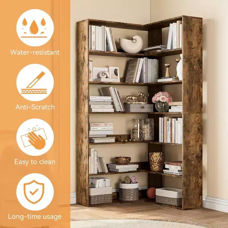 Garvee Scaffale ad angolo a 6 ripiani, Libreria a L con deflettori, Scaffale in legno per carichi pesanti per ufficio a casa