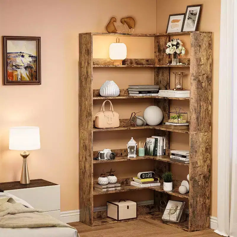 Garvee Scaffale ad angolo a 6 ripiani, Libreria a L con deflettori, Scaffale in legno per carichi pesanti per ufficio a casa