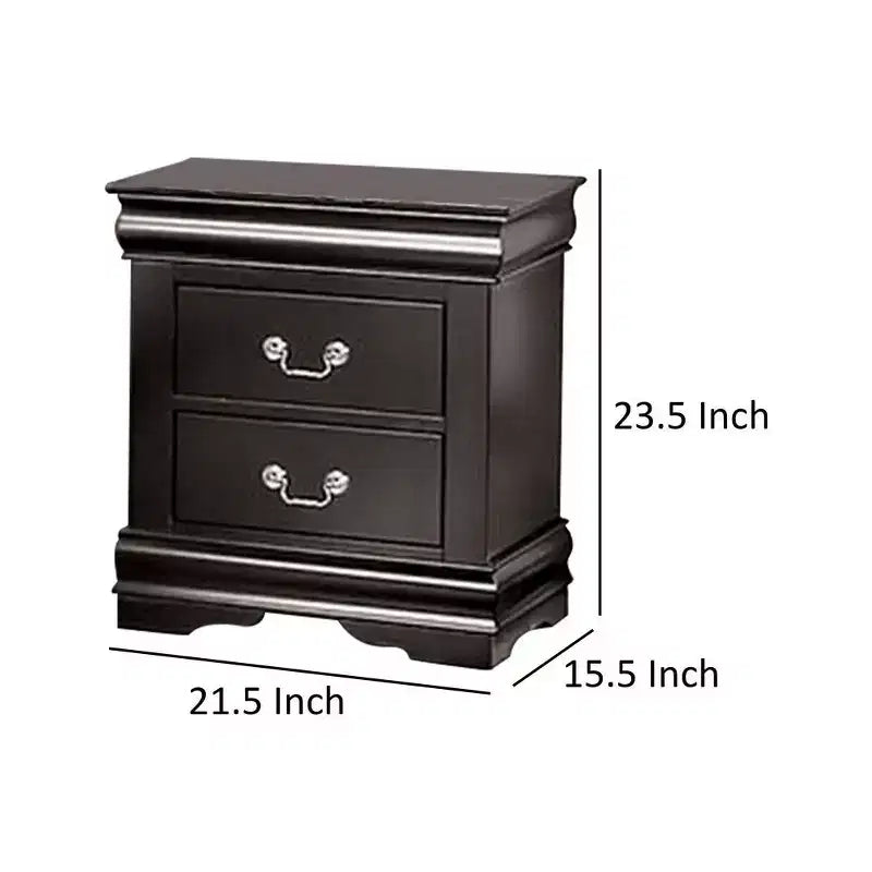 Comodino Royal Hampton, 2 cassetti, legno massello nero, maniglie a goccia in metallo nichelato