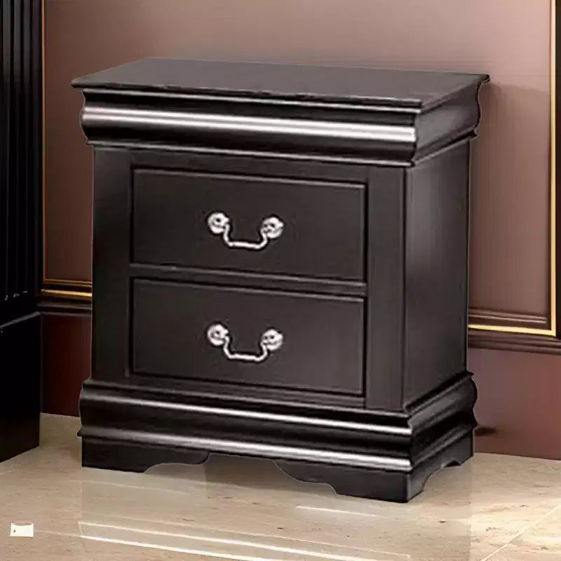 Comodino Royal Hampton, 2 cassetti, legno massello nero, maniglie a goccia in metallo nichelato