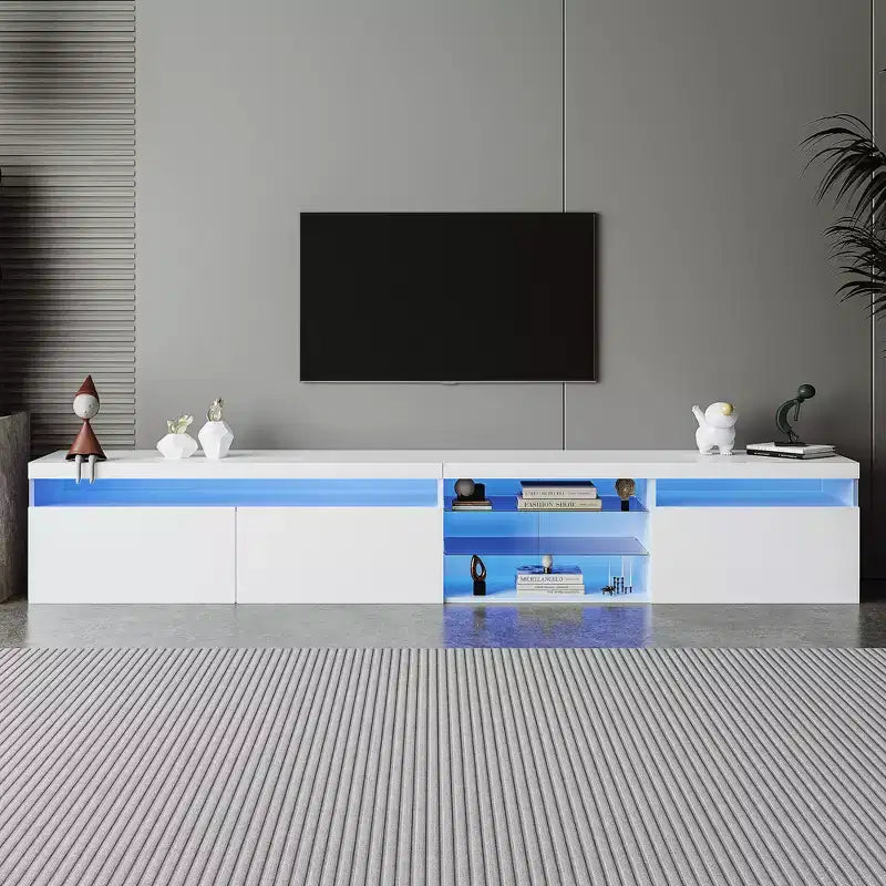 Mobile TV moderno con luci a LED per TV da 105 pollici, Tavolo Mobile Porta TV con Ripiani in Vetro per Soggiorno
